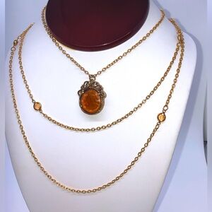 Vtg Goldette Carved Glass Intaglio Pendant 3 Strand Multi Length Necklace | 29”